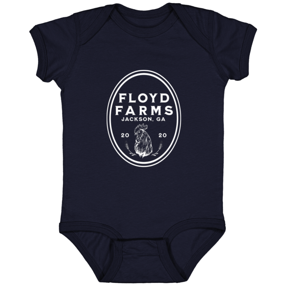 Floyd Farms of GA infant's jersey onesie with logo in white