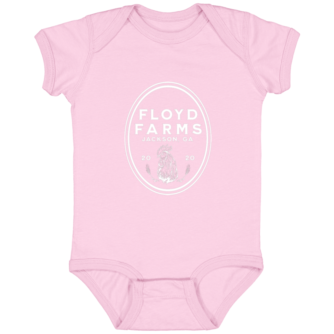 Floyd Farms of GA infant's jersey onesie with logo in white